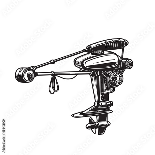Detailed black and white illustration of a classic outboard motor propelling a boat