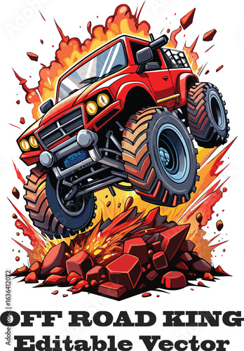 Red monster truck jumping over exploding rocks red truck off road