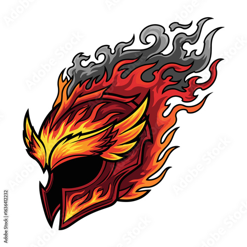 Fiery Warrior Helmet with Gold Wings and Smoke Engulfed in Flames Vector Graphic