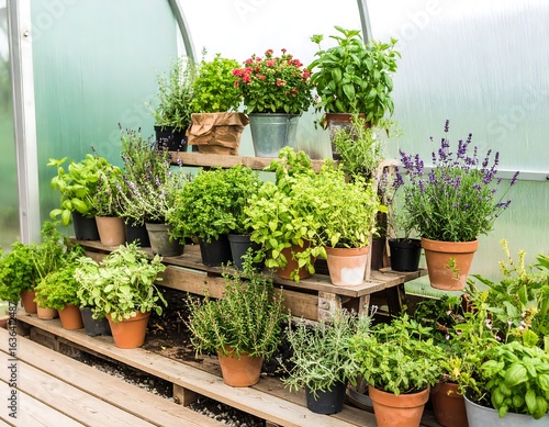 Aromatic herb garden in a greenhouse