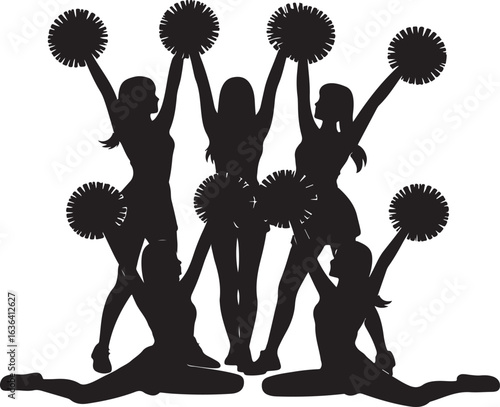 Silhouette group of five cheerleaders performing with pom-poms on white background cheerleading team