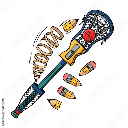 Creative lacrosse stick pencil sharpener with pencils and shavings, educational sports concept