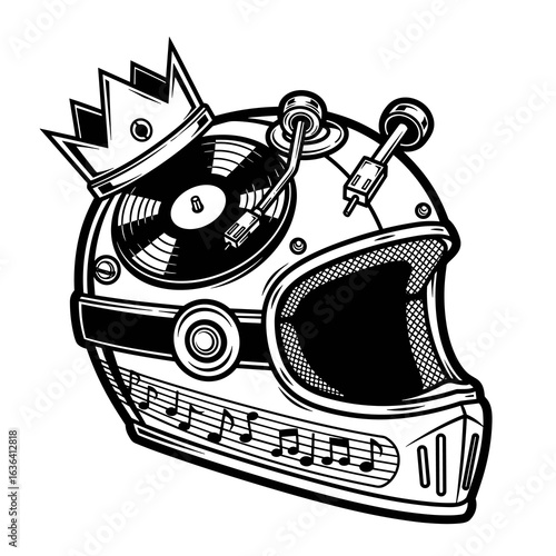 Motorcycle helmet designed as a turntable with crown and music notes, DJ concept