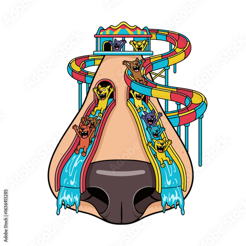 Funny Cartoon Creatures Riding a Waterslide on a Giant Nose