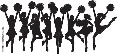 Group of Seven Cheerleader Silhouettes Posing with Pom Poms on White Background cheerleading