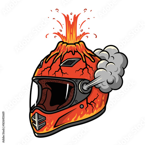 Motorcycle Helmet Transformed into an Erupting Volcano