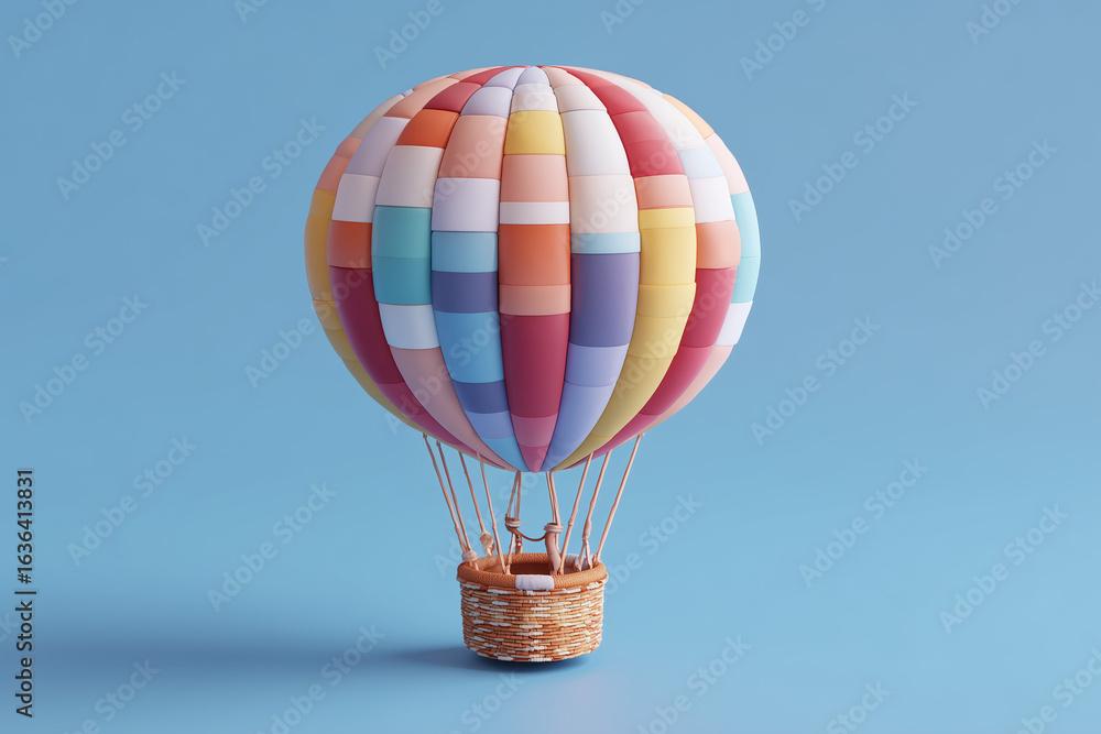 Obraz premium 3d pastel hot air balloon with floating clouds and woven basket in soft sky, Whimsical travel scene showcasing dreamy airborne adventure in gentle tones. 