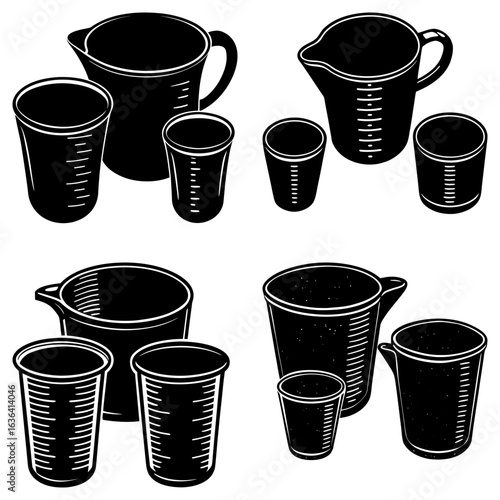 Illustration showcasing a collection of various sized measuring cups and pitchers in black and white style