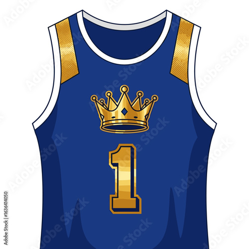 Blue Basketball Jersey with Gold Crown and Number 1 Royalty Design