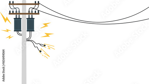 High voltage power pole sparking, electrical wires malfunction, dangerous electricity arc, utility failure, energy infrastructure issue, safety hazard warning