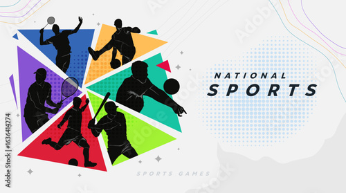 Colorful vector illustration of various sports silhouettes including badminton, tennis, soccer, baseball, and basketball, arranged in geometric shapes, perfect for National Sports Day celebrations.