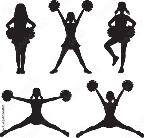 Collection of cheerleader silhouettes with pom poms in various poses cheerleading