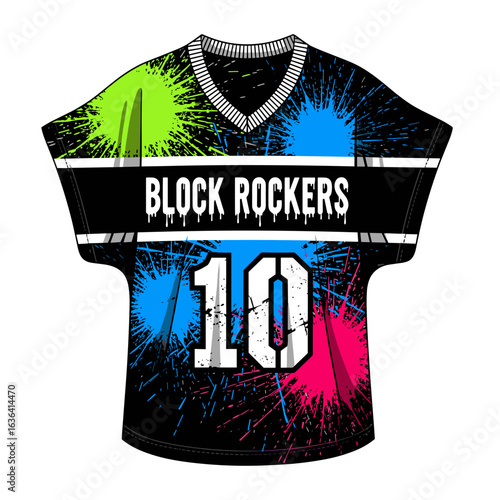 Bold Sports Jersey with Neon Paint Splatter Design and 'Block Rockers'