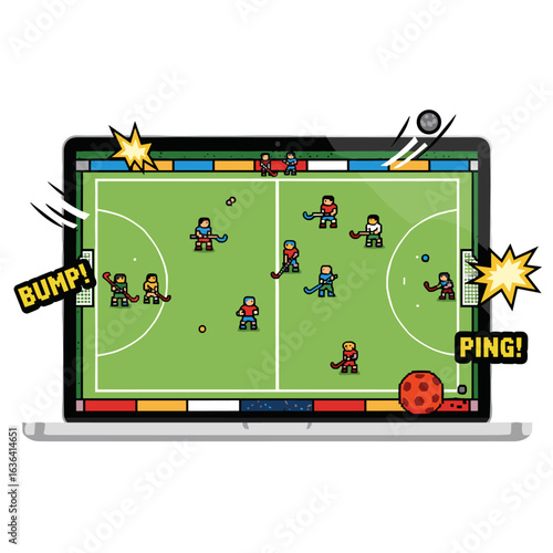 Pixel Art Field Hockey Game on Laptop Screen for Digital Sports and Gaming
