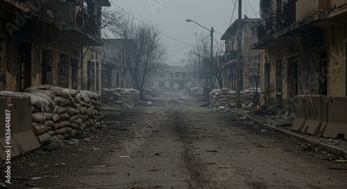 Empty war-torn street with sandbag barricades and damaged buildings, AI generated