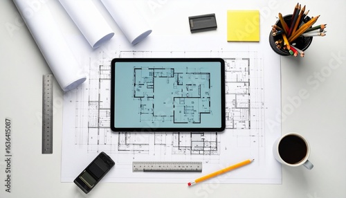 Modern architect's desk with digital tablet showing floor plan, blueprints, and drafting tools