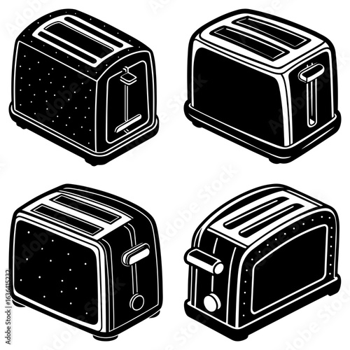 Illustration of four black and white retro toasters in isometric view on a white background surface