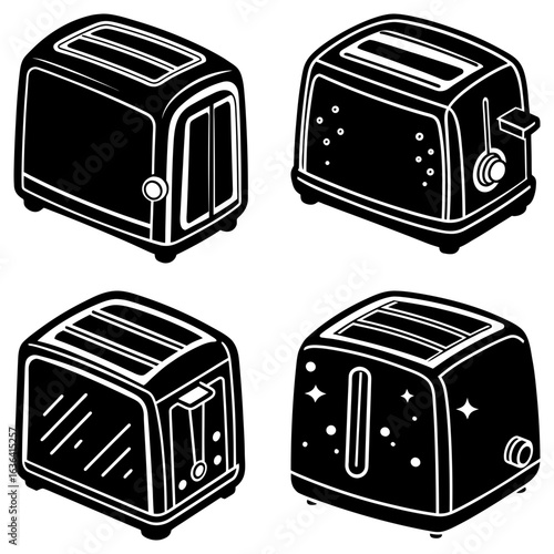 Four black and white toaster illustrations with different designs and details in a square format layout