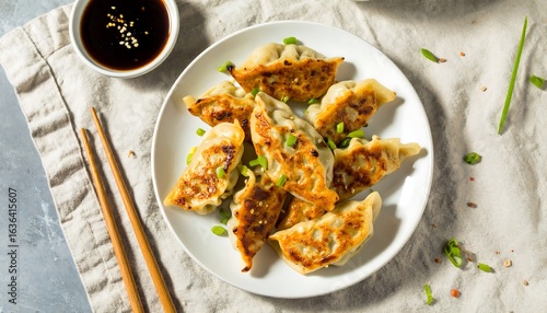 Seared Pot Stickers with Sesame Seeds and Green Onions on White Plate