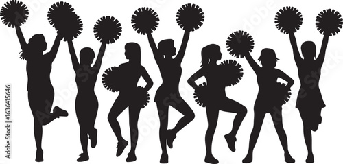 Silhouette of seven cheerleaders with pom-poms and skirts on white background cheerleading group