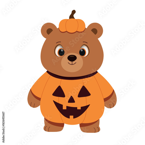 Cute cartoon smiling brown bear wearing an adorable pumpkin costume, with hat. Vector baby bear mascot in festive Halloween vibe, perfect for stickers, cards, and decorations.