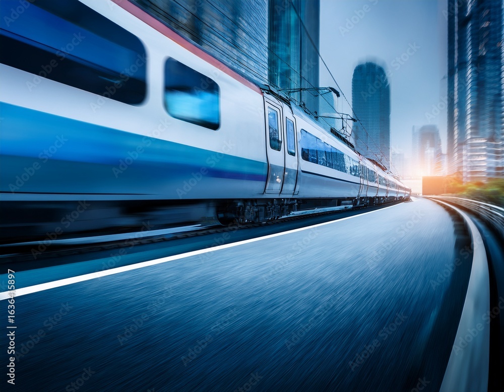 Naklejka premium ultra fast railway train blurred motion perspective speed and dynamics of big city urban car traffic concept creative background