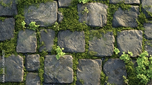 Cobblestone pavement with moss and small plants