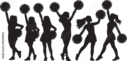 Six black silhouette cheerleaders with pom poms standing in a line cheerleading white background