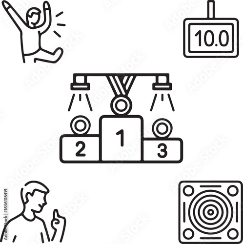 Gymnastics Event Moments Icons – Medal Podium, Chalk Bag, Scoreboard, Coach Signal, Competition Mat