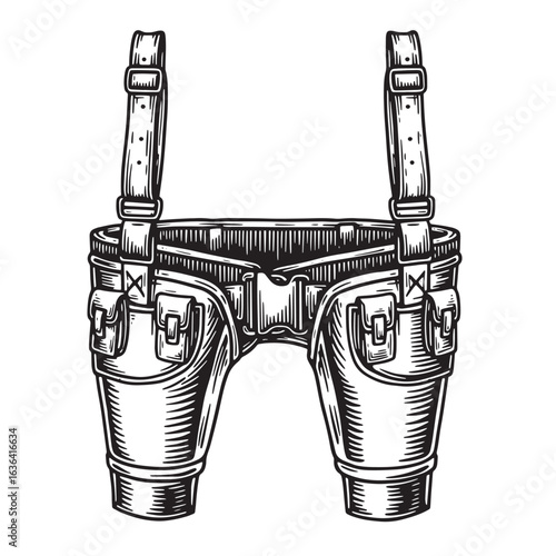 Detailed illustration of carpenter's tool belt with suspenders isolated on white background
