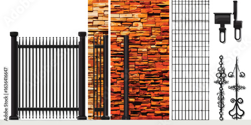 Collection of decorative metal fence and wall elements