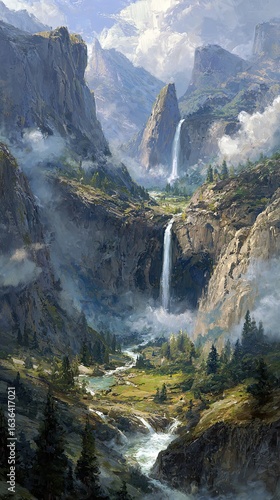 Mountain valley waterfall scenery