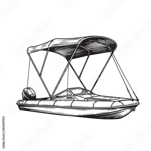 Hand drawn illustration of a motorboat with a sunshade perfect for recreational use.