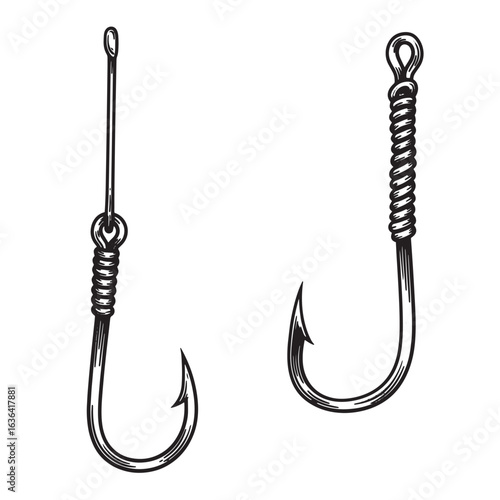 Hand drawn fishing hooks detailed vector illustration black and white design on white backdrop