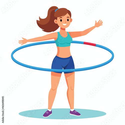 Smiling woman joyfully hula hooping, enjoying fitness and active lifestyle.