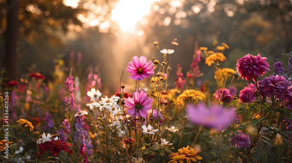 Naklejka premium Vibrant flowers in a meadow bathed in sunlight.