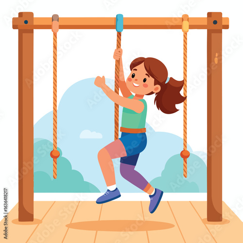 A young girl climbs a rope ladder on a playground structure, smiling and engaged in physical activity.