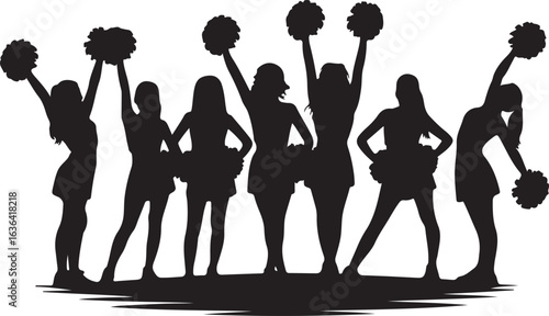 Silhouette of a group of cheerleaders standing and posing with pom poms Keywords: cheerleading