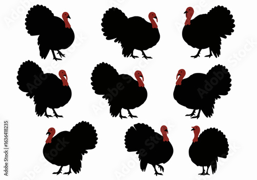 Collection of black turkey silhouettes with red heads on a white background, suitable for Thanksgiving, farming, or holiday designs.