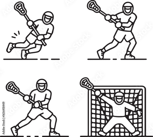 Lacrosse Player Action Icons – Cradle, Dodge, Shot on Goal, Faceoff Stance, Goalie Block