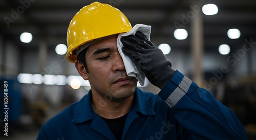 Factory worker wiping sweat from forehead, fatigued from work in a dark industrial setting.