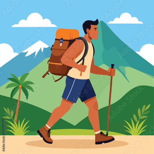 Man hiking with a backpack and trekking pole in a mountainous, tropical landscape with palm trees and clouds.