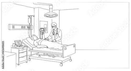 Caring doctor examining patient in hospital bed offers comfort, modern healthcare facility, vector illustration