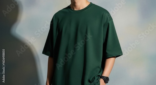 Minimalist Fashion: Man in a Dark Green Oversized Tee with Dramatic Shadow Play