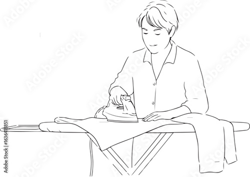 Line art illustration of a woman ironing clothes on an ironing board
