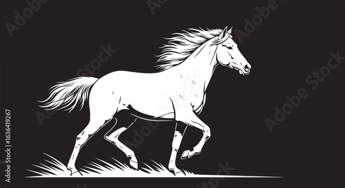 Running Horse, Black and White Vector Illustration