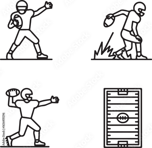 Minimalist Football Play Icons – Player Actions, Touchdown, Kickoff, Tackle, and Field Layout