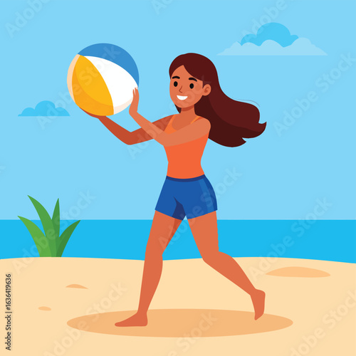 Happy woman playing with beach ball on sandy shore.