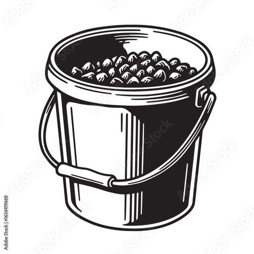 Illustration of a bucket filled with dark berries in a simple and bold black and white style