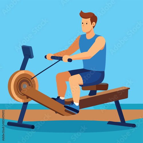 Man exercising on a rowing machine outdoors by the sea.